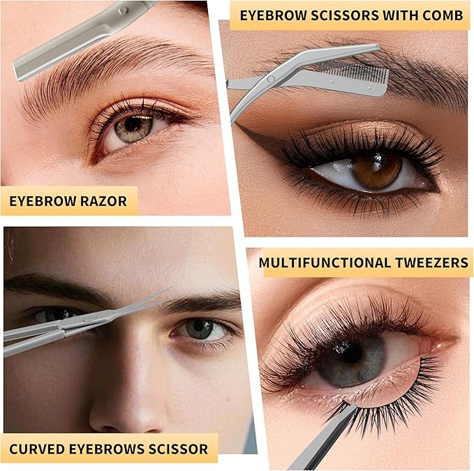 Tweezers for Women Facial Hair, 4 in 1 Eyebrow Kit with Tweezers, Eyebrow Trimmer Scissors, Razor, Style Leather Travel Case, Hair Plucking Daily Beauty Tools