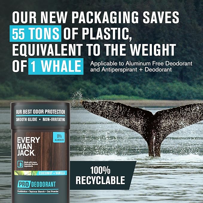 Every Man Jack Men's Pro Deodorant - 48-Hour Odor Defense Blend - Aluminum Free - Contains Postbiotics, Tapioca Stach & Oat Powder - Coconut + Vanilla Scent - 2.6 oz (1 Pack)