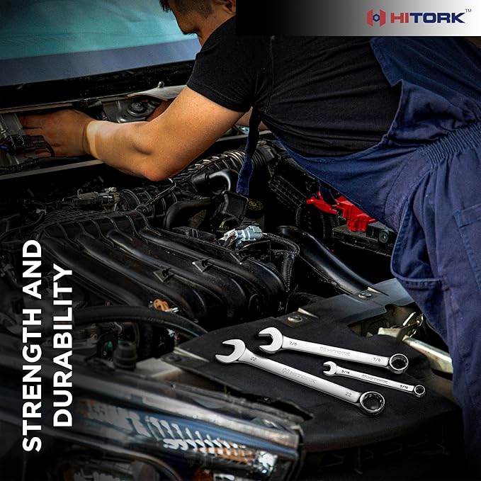 Hitork 11 Piece Combination Wrench Set with Roll Pouch, SAE Sizes (1/4" - 7/8"), Drop Forged Cr-V Steel, Chrome Plated Mirror Finish, 12 Point Box End, 15° Offset, Exceeds ANSI Standards