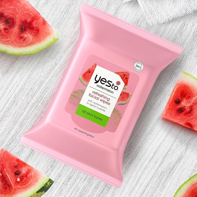 Yes To Face Wipes for Women and Men, Refreshing Facial Cleansing Wipes for use as a Make Up Remover, Cleaning, Soothing, Watermelon (Pack of 2)