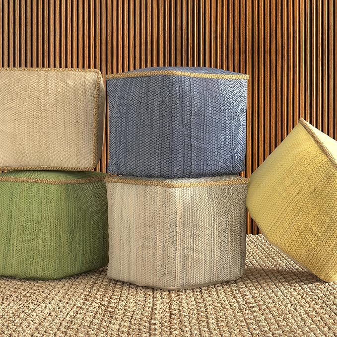 LR Home Dusky Citron Bordered Transitional Hand-Loomed Cotton Pouf with Jute Braid | Farmhouse Cube Foot Rest for Bedroom & Living Room Decor | 18 x 18 x 18 Stuffed Ottoman for Seating