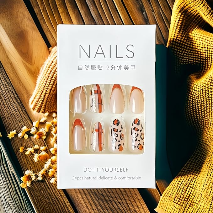 24Pcs Brown Leopard Print French Tip Press on Nails Medium Almond Fake Nails Gold Glitter Leopard Print Designs Cute Plaid False Nails Stick on Nails Fall Winter Maillard Color Glue on Nail for Women