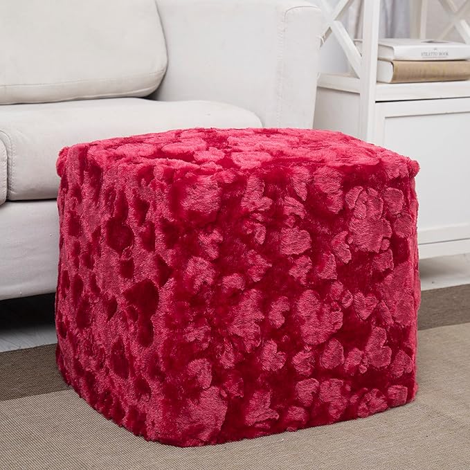DaDa Bedding Collection DaDalogy Ottoman Pouf Cover Red Hearts in Love Faux Fur [NO Insert] - Bean Bag Footstool Cover Romantic Cozy Soft with Zipper - 1-Piece 18" x 18" x 18"