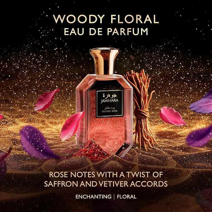 Jawhara Sultan Rose | Woody Floral Eau de Parfum 3.3 fl oz | Notes of Saffron, Taif Rose, Warm Vanilla, and White Musk | Long Lasting | Everyday Wear | Travel Size