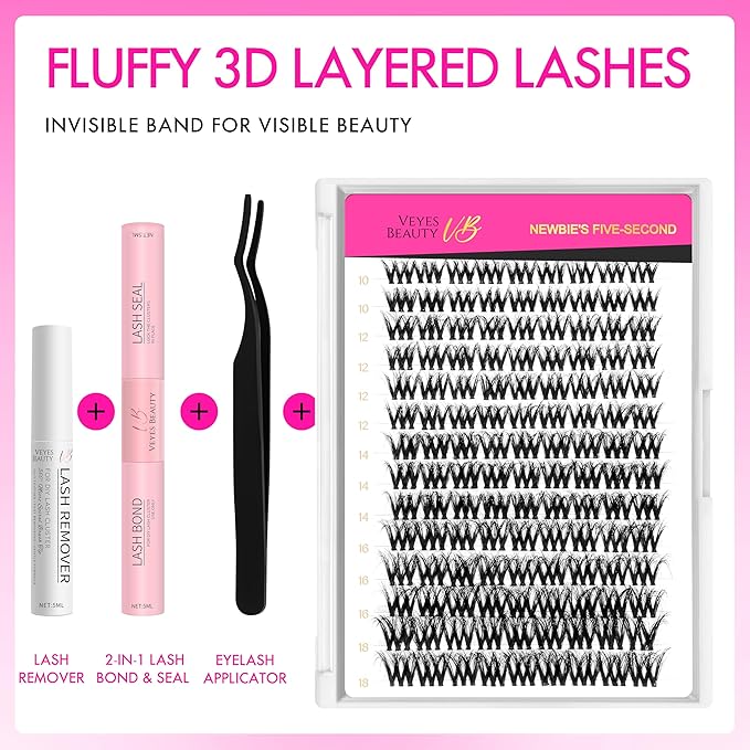 VEYESBEAUTY Lash Clusters Kit Fluffy Individual Lash Extensions VBmuse 3D Layered Volume Eyelashes kit Thin & Invisible Band Wispy Faux Mink Lash Mixed Length 10-18mm with Bond&Seal Remover Applicator