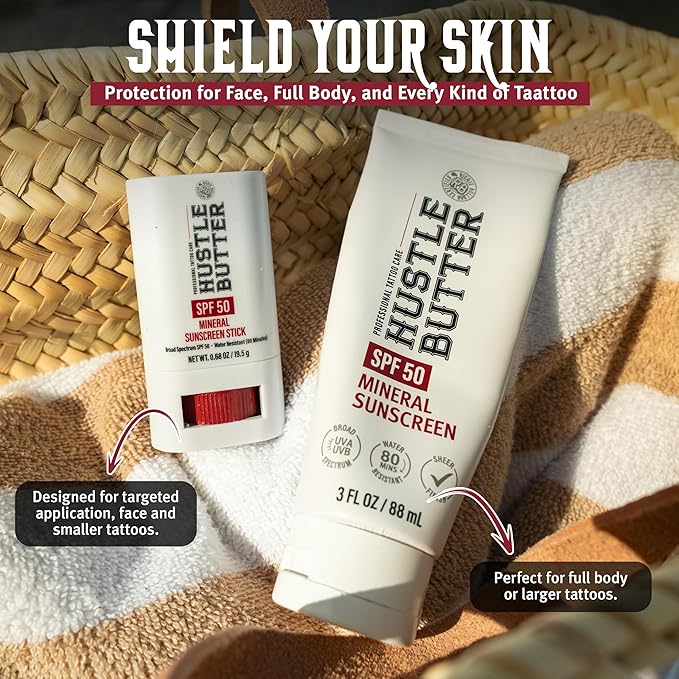 Hustle Butter Tattoo Aftercare Sunscreen - Tattoo Sunscreen Lotion - Fade Protection, SPF 50, Hydrating with Shea Butter & Coconut Oil, TSA-Friendly, Water Resistant, Non-Greasy, 3 oz