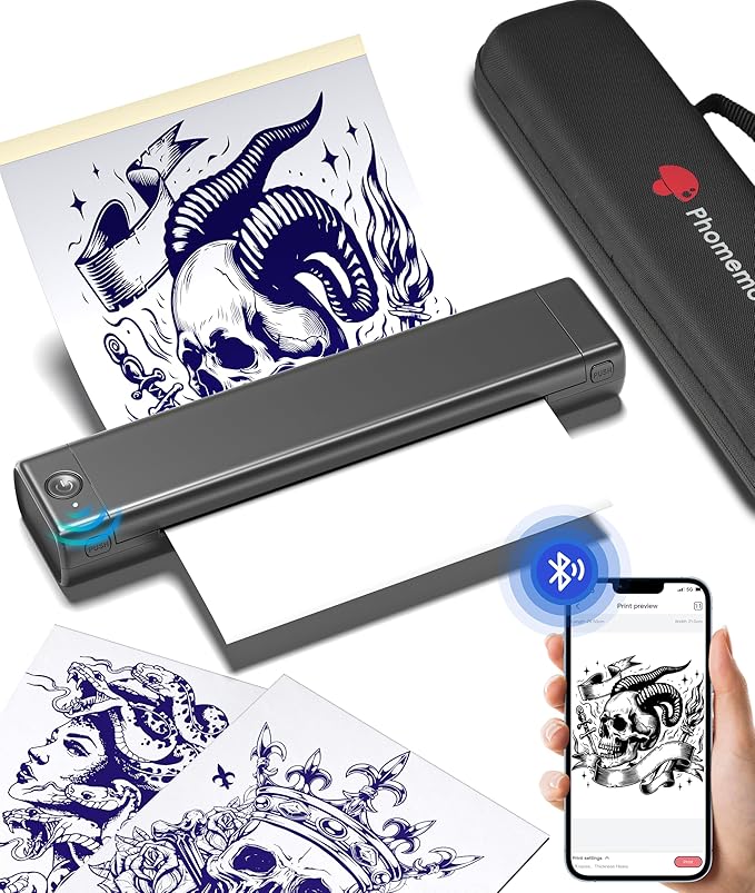 Phomemo Bluetooth Tattoo Stencil Printer, Thermal Tattoo Transfer Machine for Artists & Beginners, Compatible with Phone & PC, with Storage Case & 10Pcs Free Transfer Paper, Grey