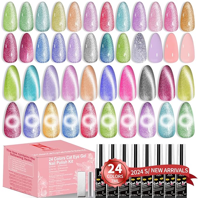Cat Eye Gel Nail Polish, 28Pcs Glitter Pink Red Purple Green Blue Silver Sparkle Colors Gel Nail polish Set with Magnet Base Top Coat Soak Off UV LED Light Nail Art Salon Manicure DIY Home