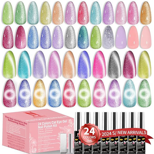 Cat Eye Gel Nail Polish, 28Pcs Glitter Pink Red Purple Green Blue Silver Sparkle Colors Gel Nail polish Set with Magnet Base Top Coat Soak Off UV LED Light Nail Art Salon Manicure DIY Home