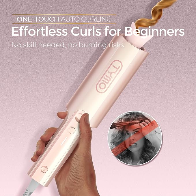 Upgraded Automatic Rotating Curling Iron - TYMO CurlPro Plus Long Barrel Curling Wand for Long Hair, Ceramic Hair Curler for Women, Anti-Scald, Tangle-Free, 600M Ionic, Dual Voltage,Gold Blush, 1 Inch