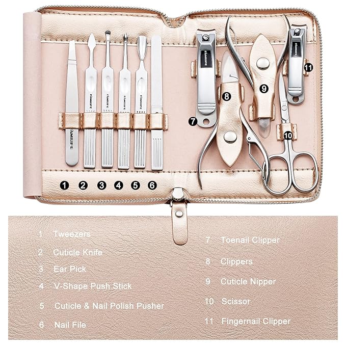 FAMILIFE Gifts for Women, Manicure Set Professional Manicure Kit 11 in 1 Nail Kit Nail Clippers Tools Stainless Steel with Rose Gold Leather Case Travel Sets