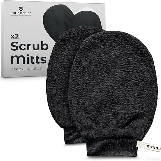 MainBasics Korean Exfoliating Mitts (2-Pack) Deep Cleansing Body Scrubbers for Dead Skin Removal, Spray Tan Prep & Keratosis Pilaris Treatment