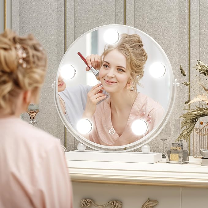 13 Inch Hollywood Vanity Mirror with Lights, Round Make Up Mirror with Lighting, LED Makeup Mirror with 5 Dimmable Bulbs for Bedroom Tabletop, Smart Touch Control, 360° Rotation