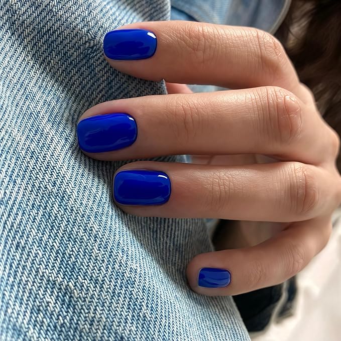 Royal Blue Press-on Nails, 48pcs - Short Square, Natural Handmade Hot Glue on, Stick-on, Gel, Acrylic False Nails for Women with Thick Petite Size