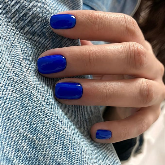 Royal Blue Press-on Nails, 48pcs - Short Square, Natural Handmade Hot Glue on, Stick-on, Gel, Acrylic False Nails for Women with Thick Petite Size