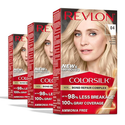 Revlon ColorSilk with Bond Repair Complex, Blonde Permanent Hair Color, 100% Gray Coverage, Ammonia Free Hair Dye, Vegan Keratin, 04 Ultra Light Natural Blonde (Pack of 3)