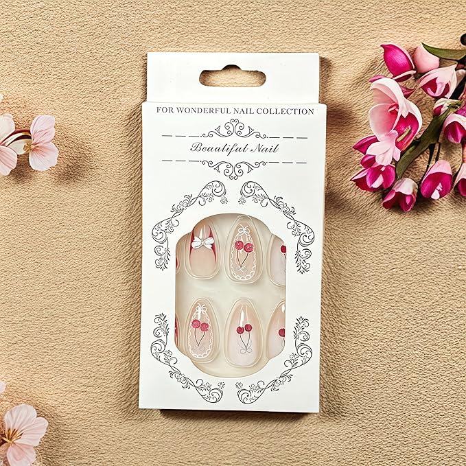 3D Cherry Bow Pearl Press on Nails Short Almond Fake Nails White Bow Rhinestones Glossy Full Cover Artificial Nails Acrylic Nails White Pearls Glue on False Nails for Women Girls Art Decoration 24pcs