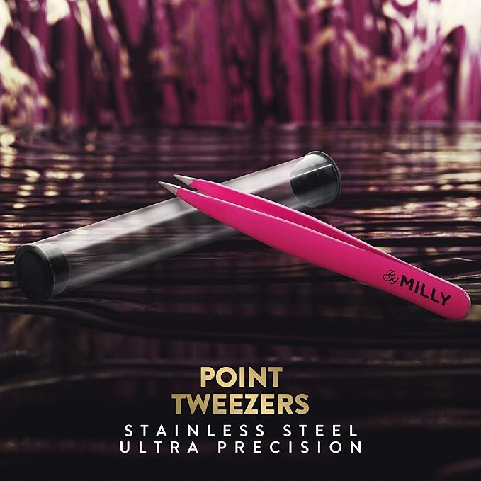 Pointed Tweezers | High Carbon Stainless Steel Needle Nose | Fine Point Precision Hair Removal | Perfectly Aligned & Hand-Filed Sharp | Pink