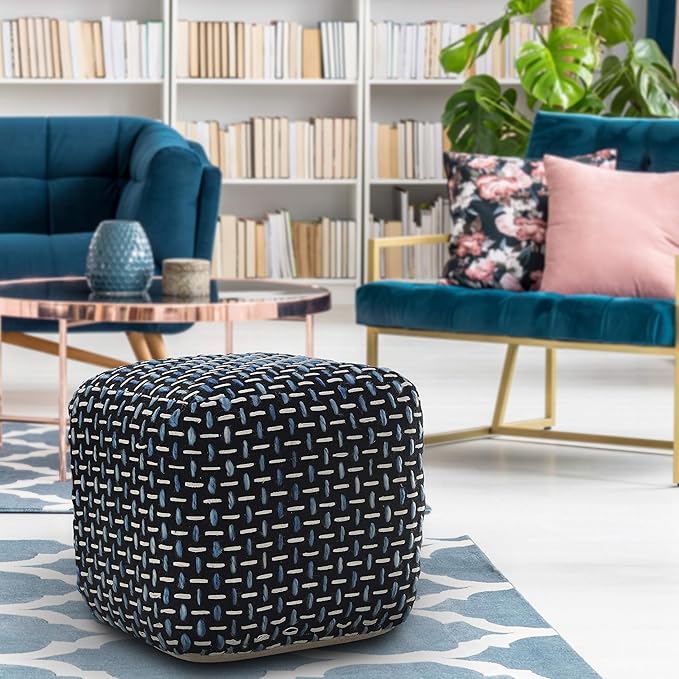 L. R. Resources, Inc. LR Home Hand-Woven Black/White/Blue Geometric Cotton Square Ottoman Pouf for Home Decor | Indoor Foot Rest for Bedroom & Living Room | 16 x 16 x 16 Stuffed Ottoman for Seating