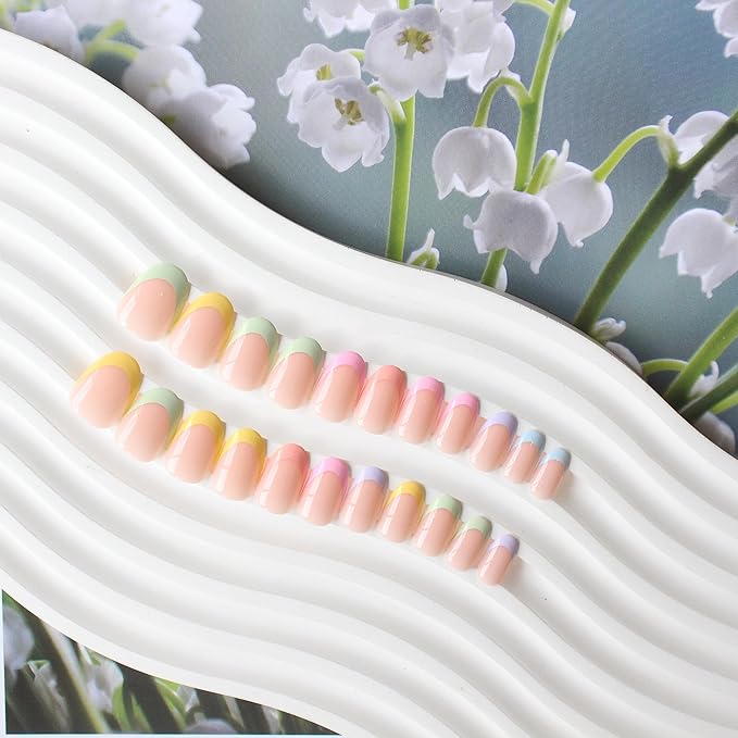 24 Pcs Colorful French Tip Press on Nails Short Oval, Acrylic Fake Nails Press ons with Glue, Short Almond Acrylic Natural Nude Glue on Nails for Women, 15 Sizes