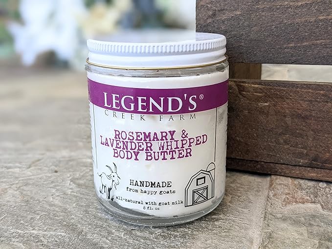 Legend's Creek Farm, Goat Milk Body Butter - Hydrating Natural Body Moisturizer with Organic Shea Butter & Grape Seed Oil - 8 Oz Purifying & Toning Whipped Body Butter (Rosemary & Lavender)