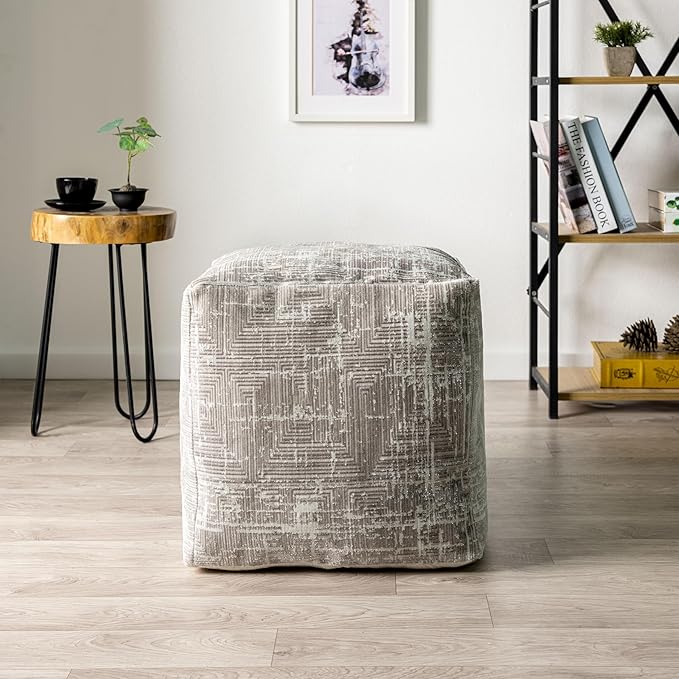 LR Home Transitional Distressed Geometric Gray/Ivory Polyester Blend Cube Pouf for Home Decor | Indoor Foot Rest for Living Room & Bedroom | 18 x 18 x 18 Stuffed Ottoman for Seating