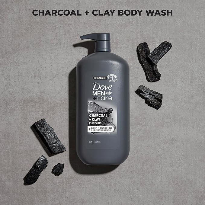 DOVE MEN + CARE Body and Face Scrub Charcoal + Clay Body Wash for Men with 24-Hour Nourishing Micromoisture Technology 30 oz