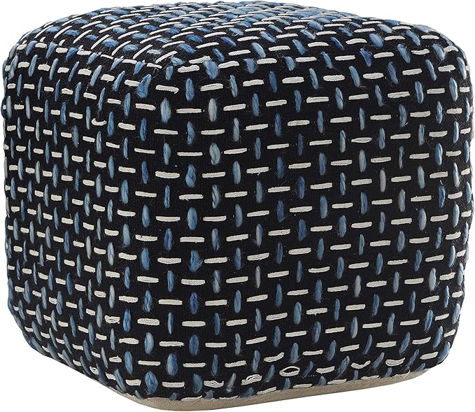 L. R. Resources, Inc. LR Home Hand-Woven Black/White/Blue Geometric Cotton Square Ottoman Pouf for Home Decor | Indoor Foot Rest for Bedroom & Living Room | 16 x 16 x 16 Stuffed Ottoman for Seating