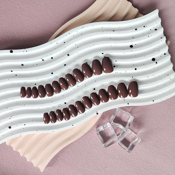 Brown Press on Nails Short Oval Fake Nails Press ons, Solid Color Soft Gel Glue on Nails Short Fake Nails Round Shaped, Medium Almond Stick on Nails for Women 24 Pcs