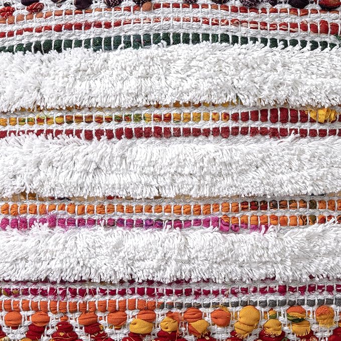 L. R. Resources, Inc. LR Home Multi/White Bohemian Chevron Hand-Made Cotton Blend Ottoman Pouf for Home Decor | Foot Rest for Bedroom & Living Room Decor | 18 x 18 x 18 Stuffed Ottoman for Seating