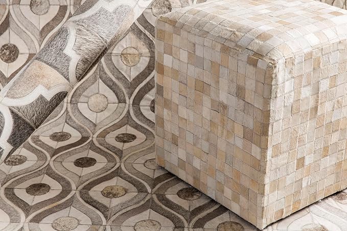 Mark&Day Pouf Ottoman, Grobschonau Hide Leather and Fur Camel Cube Pouf Foot Rest for Living Room, Bedroom and Boho Home Decor (18"x18"x18")