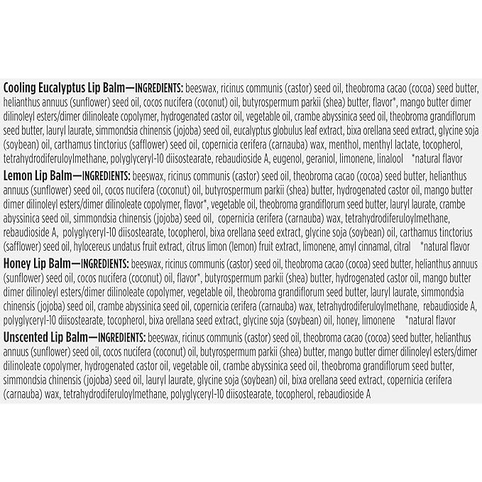 Burt's Bees 100% Natural Origin Rescue Lip Balm, Cooling Eucalyptus, Lemon, Honey, Unscented, 4 Tubes, Pack May Vary