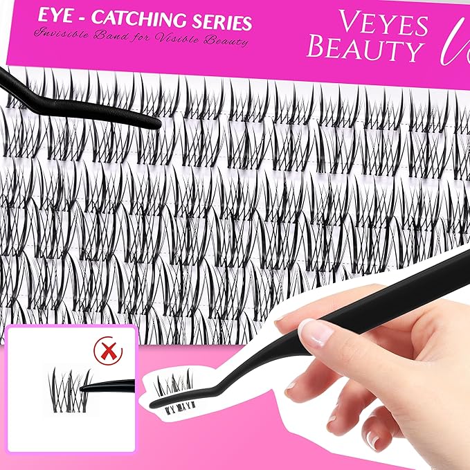 VEYESBEAUTY Lash Clusters Individual Eyelash Extensions Thin & Invisible Band DIY False Eyelashes for Self-application Newbie's Five-Second Series Wispy Lash Tray, Flutter 8-16mm Mixed Length