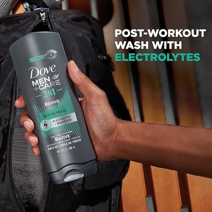 DOVE MEN + CARE Post-Workout Body Wash 3N1 Revive 4 Count For Men With Tea Tree Oil, 18 oz