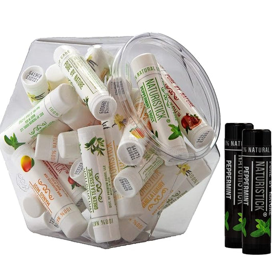 32-Pack Lip Balm in Bulk by Naturistick. Assorted Scents. 100% Natural Ingredients. Includes Mini Display Fishbowl. Best Beeswax Chapstick for Dry, Chapped Lips. Made in USA