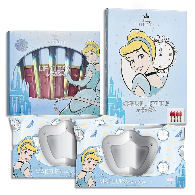 Belle Maison Disney Cosmetic Makeup Set, Makeup Essential Collection, Princess Cinderella - Includes 4pc Lip Gloss, 4pc Lipstick, 60ct Facial Cleansing Wipes (2pk)