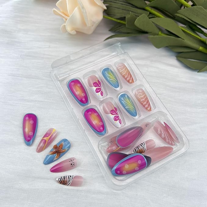 Summer Press on Nails Starfish Fake Nails Long French Tips False Nails Blue Orange Water Ripple Zebra Print Design Summer Glue on Nail Glossy Stick on Nail for Women Nail Art Accessories