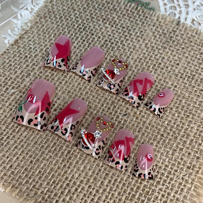 BABALAL Duck Nails Press on False Nails Cheetah Brown Fall Fake Nails French Tip Glue ons with Planet Charm Y2k Leopard Star Acrylic Handmade Manicure Full Cover False Nails 24Pcs