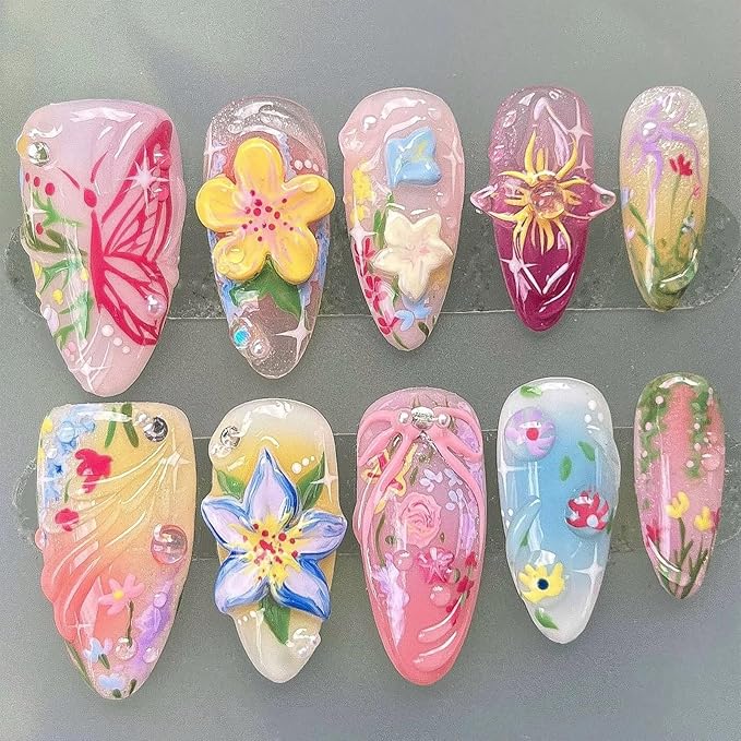 30Pcs Cute Flower Press on Nails Medium Almond Fake Nails Leaf Butterfly False Nails with Bow Rhinestones Design Reusable 3D Floral Acrylic Nail Full Cover Glue on Nail for Women DIY Manicure Decor