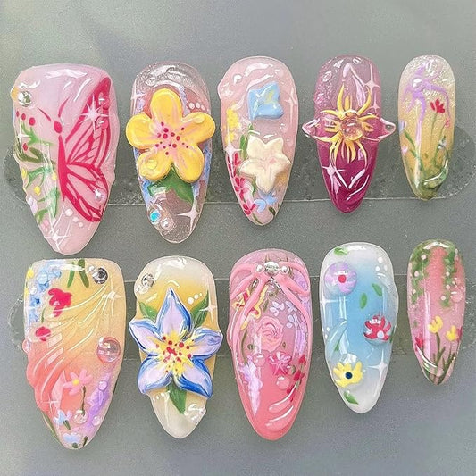30Pcs Cute Flower Press on Nails Medium Almond Fake Nails Leaf Butterfly False Nails with Bow Rhinestones Design Reusable 3D Floral Acrylic Nail Full Cover Glue on Nail for Women DIY Manicure Decor