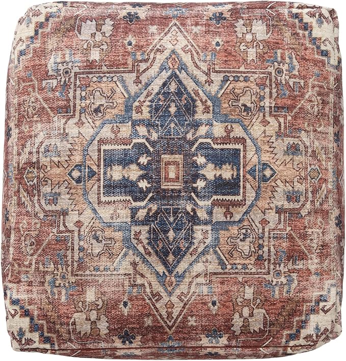LR Home Vintage Medallion Indoor Medium Pouf Ottoman | Polyester Pouf for Home Decor | Foot Rest for Living Room, Bedroom & Dorm | 18 x 18 x 18 Stuffed Ottoman for Seating | Rust/Navy
