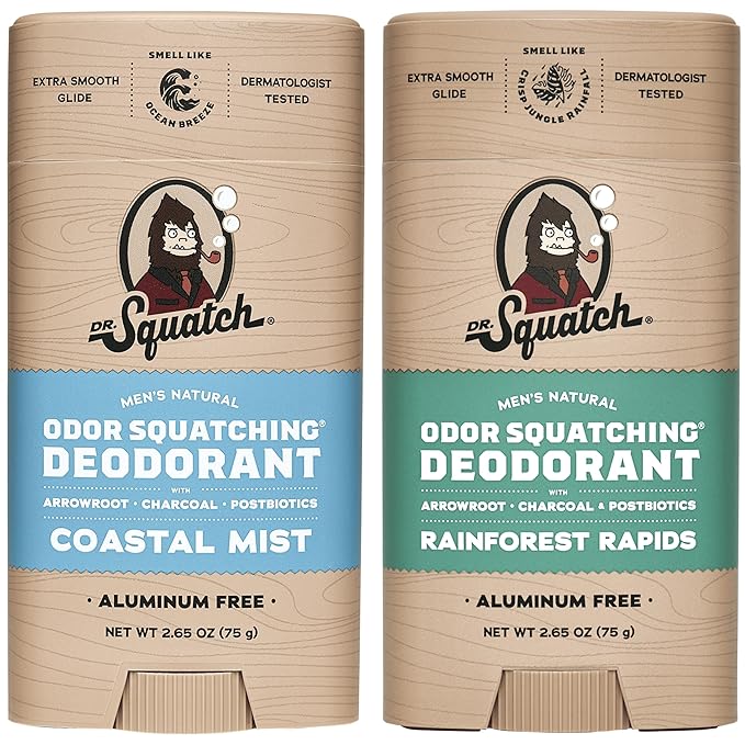 Dr. Squatch Natural Deodorant for Men - Odor-Squatching Aluminum Free - Coastal Mist & Rainforest Rapids (2.65 oz, 2-Pack)