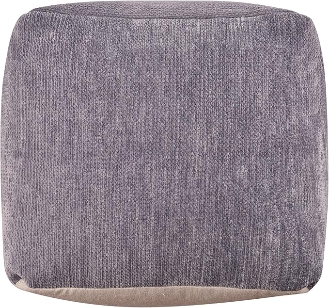 LR Home Contemporary Solid Square Indoor Medium Pouf Ottoman, Frost Gray | Hand-Made Power-Loomed Chenille Cube Pouf for Bedroom & Living Room Decor | 18 x 18 x 18 Stuffed Ottoman for Seating