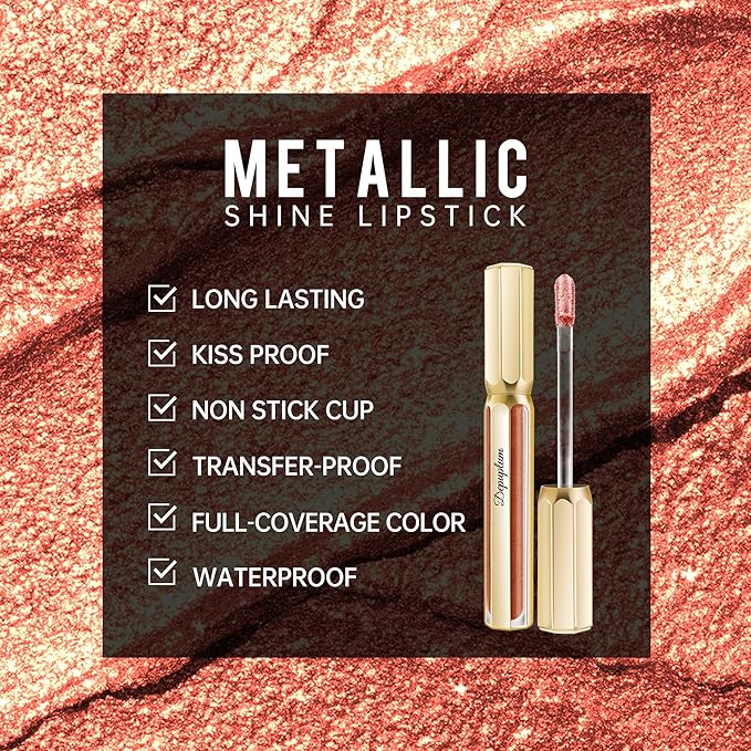 Bronze Lipsticks for Women Metallic Lipstick Long Lasting Non Stick Cup Lip Gloss, Metal Shine Lightweight Hydrating Full Coverage Lip Color, P103 Fantasy