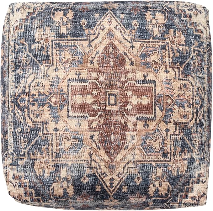 L. R. Resources, Inc. LR Home Vintage Medallion Square Indoor Medium Pouf Ottoman, Navy/Rust | Hand-Made Power-Loomed Pouf for Home Decor | 18 x 18 x 18 Stuffed Ottoman for Seating & Foot Rest