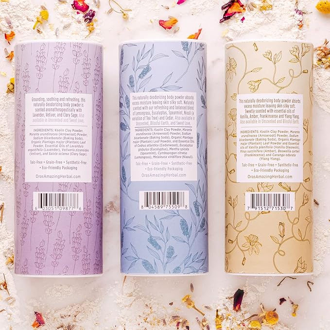 Ora's Amazing Herbal Natural Talc-Free Body Powder for Women, Variety Pack with Essential Oils, No Talc or Corn, Grain-Free, Scented Bath and Dusting Powder, 2.5 oz (3-Pack)