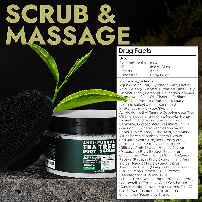 Terramed Just Think Comfort Antifungal Body Scrub with Tea Tree Oil – Exfoliating Body Wash for Women & Men – Soothes Itchy Skin, Rashes, Acne, Warts & Insects Bites – 12 Fl oz with Scrubber Brush