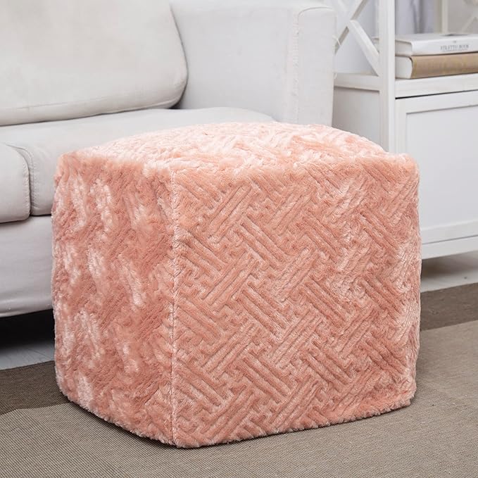 DaDalogy Bedding Faux Fur Ottoman Pouf Cover [NO Insert] - Rose Coral Baby Peach | Shiny Geometric Soft Cozy with Zipper - 1-Piece 18" x 18" x 18"