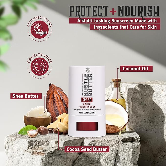 Hustle Butter Tattoo Aftercare Sunscreen Stick - Tattoo Sunscreen Stick, Fade Protection SPF 50, Hydrating with Shea Butter & Coconut Oil, TSA-Friendly, Water Resistant, Non-Greasy, 0.68 oz