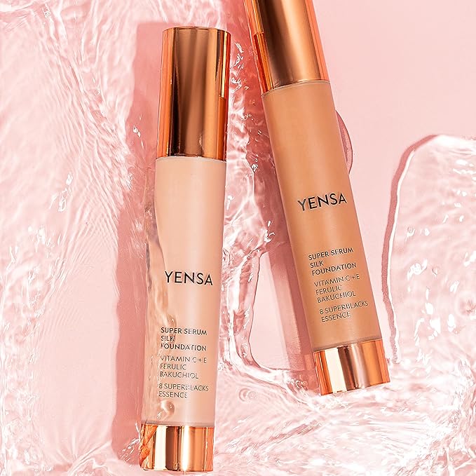 YENSA Serum Foundation Makeup - Super Silk Full Coverage Foundation Enriched with Peptides, Vitamin C & Ferulic Acid to Help Reduce Fine Lines, Wrinkles & Dark Circles - Deep 3 (1 oz)